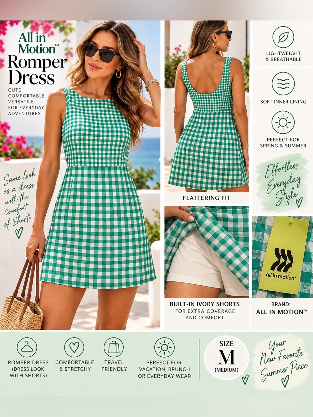 all in motion Green Gingham Sleeveless Romper Dress